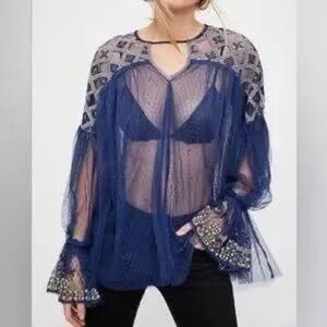 NWT women  Sz XS/S  oversized rare navy blue sheer glam chic embroidered blouse